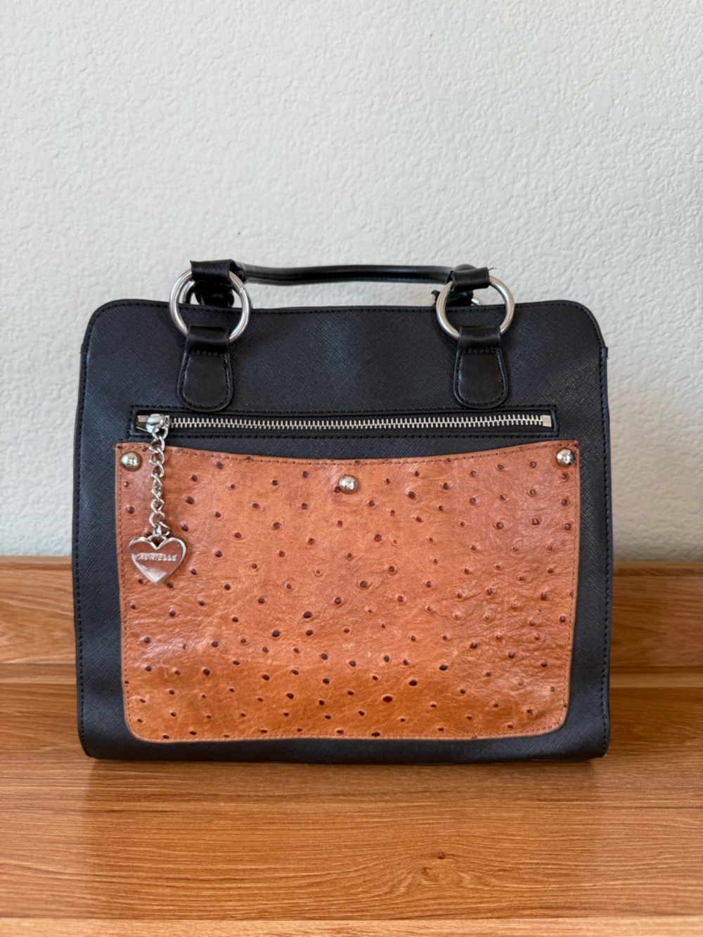 Aurielle Black Satchel W/ Ostrich Embossed Accents